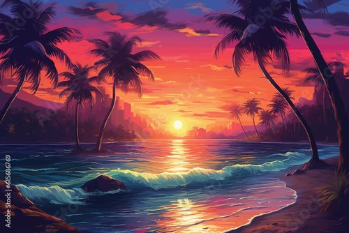 tropical beach at sunset with palm tree