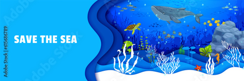Cartoon sea paper cut landscape. Whale and turtle, fish shoal and seahorse, tropical seaweeds and coral reefs create colorful underwater world that sparks the imagination. Vector save ocean banner