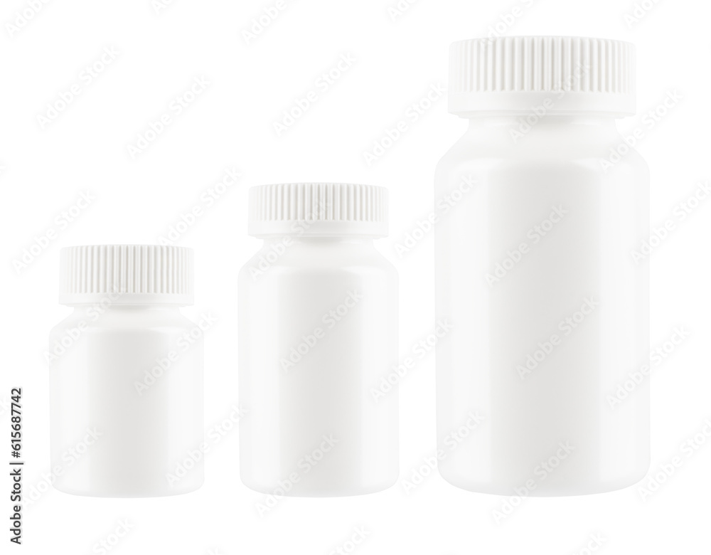 A row of three different size pill bottles isolated on transparent background A row of three different size pill bottles isolated on transparent background