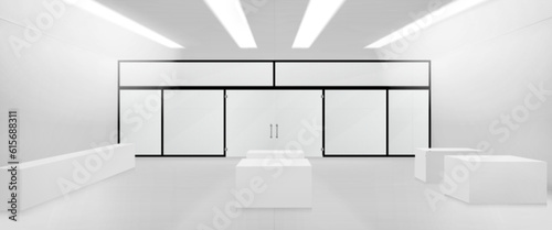 3d empty glass store interior vector mockup. Shop inside with window and double door for retail business. Entrance to exhibition showcase in supermarket layout with pedestal illuminated with lamp.