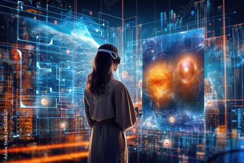 Concept of Metaverse virtual world. Digital Meteverse banner copy space illustration, Rear view of woman wearing virtual reality headset against night cityscape, ai generative