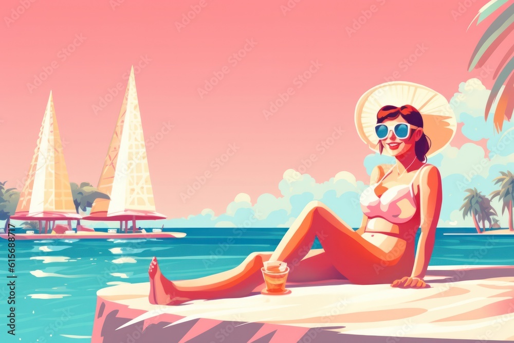 Girl in pink swimsuit enjoying on seashore. Vibrant and cheerful, with a touch of retro charm. Simple flat illustration