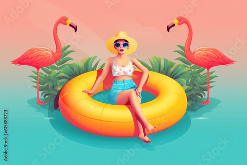 Young girl posing on flamingo pool float with colorful sunglasses and hat, carefree spirit of tropical summer getaway. © Postproduction