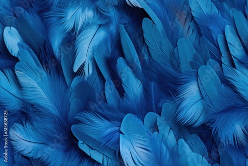 Beautiful seamless pattern with blue bird feathers, endless texture. Fabric template. Organic background. Generated with AI.