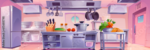 Restaurant kitchen interior for chef cook cartoon vector illustration. Commercial hotel industry modern furniture for food preparation and serving. Modern clean catering equipment in cafeteria