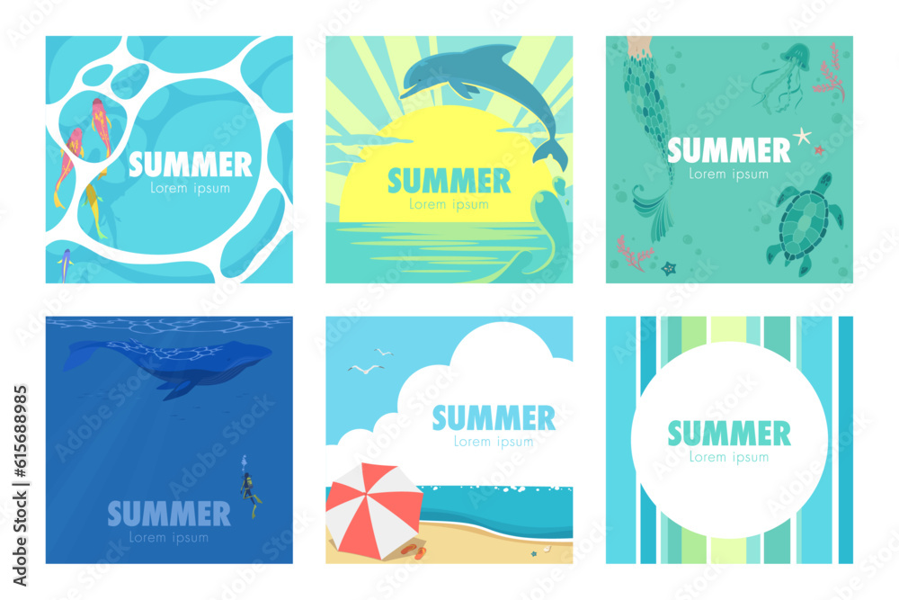 夏のスクエアフレームのセット　海と空とビーチ　イルカやクジラのバナーイラスト
