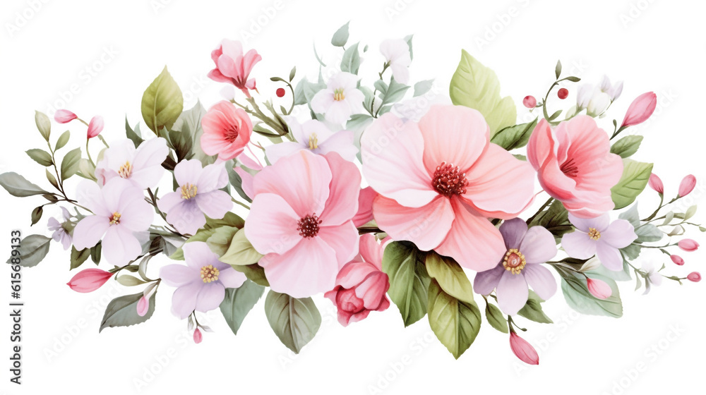 Watercolor floral illustration. pink and white flowers. template for fashion wedding invitation greeting card and wallpaper. Generative Ai. 