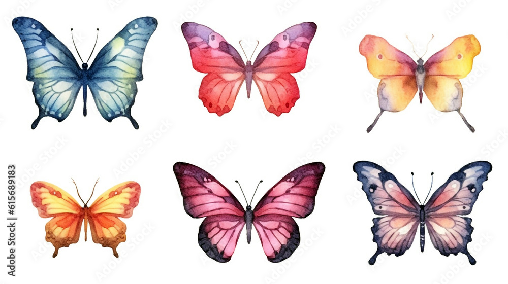 Fototapeta premium isolated watercolor butterflies on white background. Generative Ai. 
