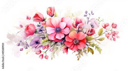 Watercolor floral illustration. bouquet of flowers isolated on white. template for fashion wedding invitation greeting card and wallpaper. Generative Ai. 