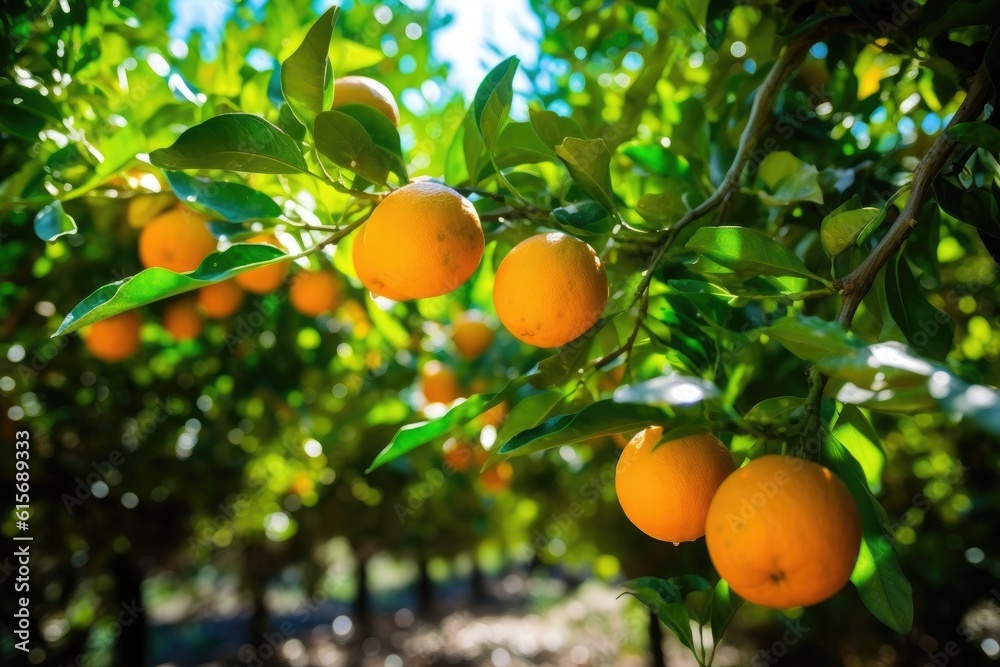 Juicy oranges grow on trees. Orange farm. Generative AI Juicy oranges grow on trees. Orange farm. Generative AI