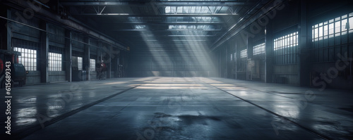 an empty warehouse with lots of floor, in the style of photo-realistic landscapes © Tn