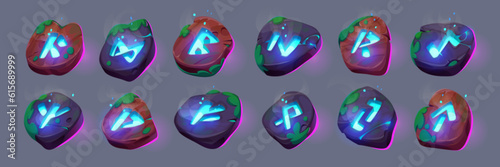 Viking stone rune fantasy game interface vector icon set. Ancient wood ui runic alphabet item illustration. Cartoon pink and blue glowing mystery symbol clipart collection and mist. Abstract shiny kit