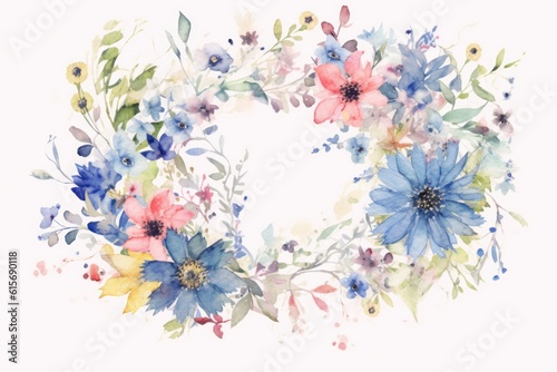 Vibrant floral wreath surrounding, blue cornflower and pink blooms