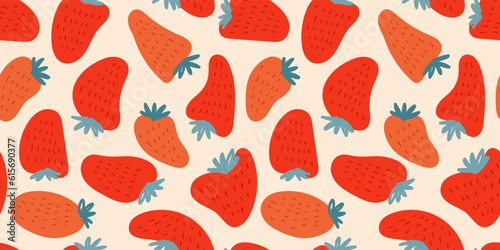 Groovy hippie 70s seamless pattern with strawberries. Funny cartoon elements etc. Vector cards in trendy retro psychedelic cartoon style. Vector backgrounds. Stay groovy. Good vibes.