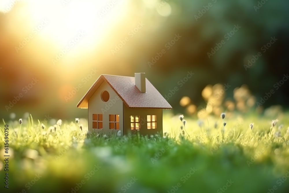 House model on green grass, generative ai image of dream home concept House model on green grass, generative ai image of dream home concept