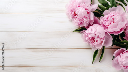 pink peonies on a light wooden background. Generative Ai. 