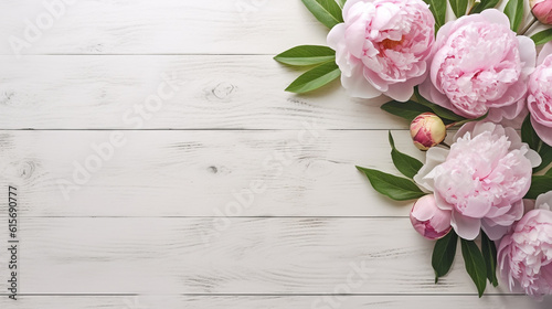 pink peonies on white wooden table top view. Generative Ai.  © PETR BABKIN