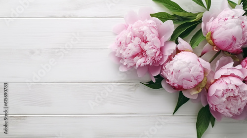 pink peonies on white wooden table. Generative Ai.  © PETR BABKIN
