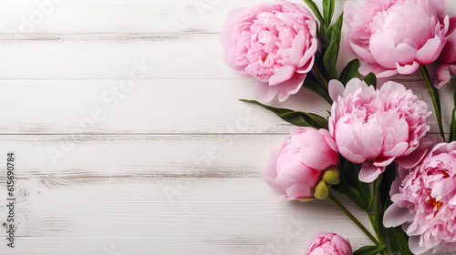 pink peonies on a wooden table. Generative Ai.  © PETR BABKIN