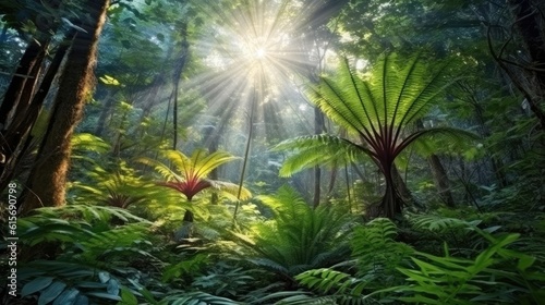 An atmospheric 3D fantasy rainforest with sun rays and greenery.  Illustration  Generative AI 