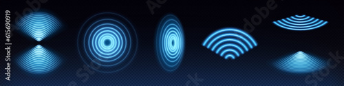 3d wifi wave light effect. Abstract scan radar sensor sound signal technology digital sign. Transparent neon circle symbol for wireless monitoring and protection. Blue electric frequency ring glow