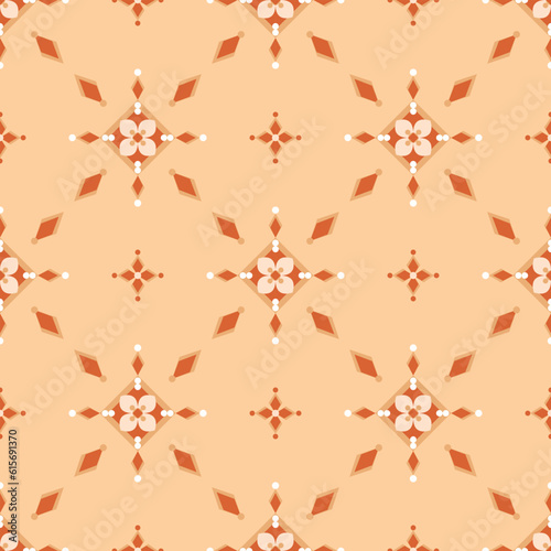 In this seamless pattern, graphics flowers are framed in an orange gradation frame. Decorated around it with diamonds of various sizes on an orange background, looks classic.