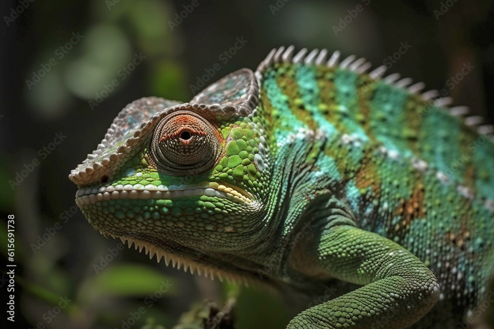 Green Chameleon on dark background. 