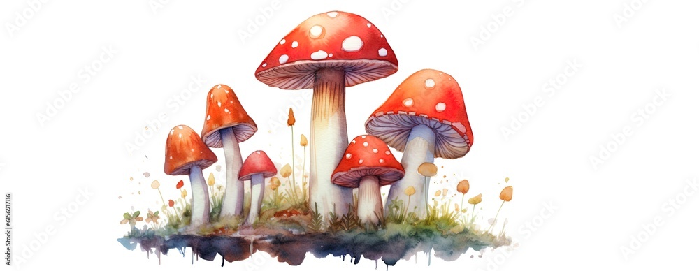Mushrooms on white background with grass. Summer, fall toadstools card. Fungi, fungus in nature. Generative AI