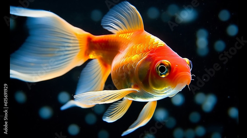 A gold fish in a beautiful aquarium.