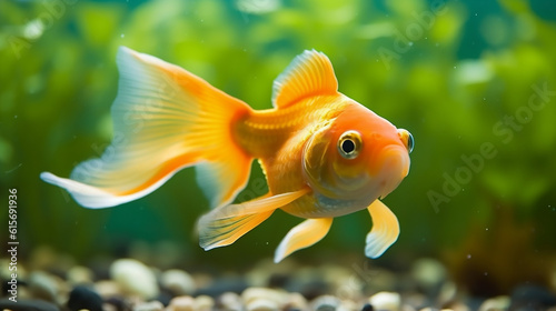 A gold fish in a beautiful aquarium.