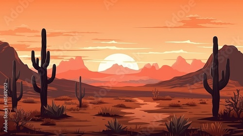 Vector illustration of sunset desert panoramic view with mountains and cactus in flat cartoon style Generative AI © Suleyman