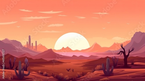 Vector illustration of sunset desert panoramic view with mountains and cactus in flat cartoon style Generative AI