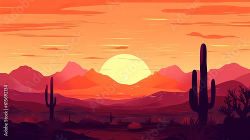 Fotografiet Vector illustration of sunset desert panoramic view with mountains and cactus in