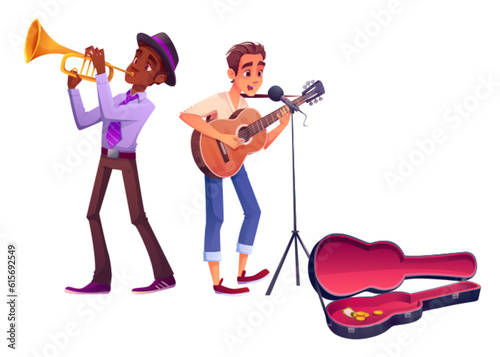 Happy street musician people character with guitar and saxophone isolated illustration. Music instrument and black man performer in orchestra band. Guitarist person playing live concert for money