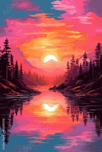 Wonderful sunset colors reflected in calm lake water. (Illustration, Generative AI) © HandmadePictures