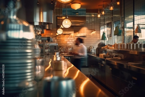 Blurred motion of chefs working in commercial kitchen, generative AI © Mediaphotos