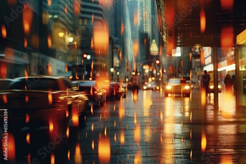 Blurred Street Film Photo. Vintage Aesthetic, Urban Night Scene, Defocused Bokeh Lights, Analog Nostalgia, Atmospheric Pedestrian Activity in Dark. Generative AI