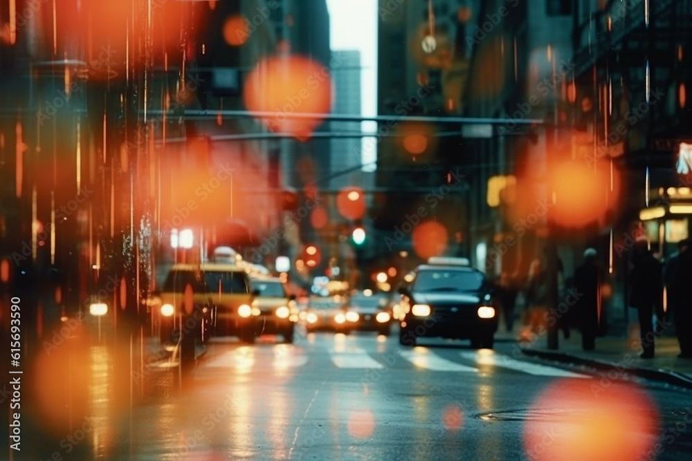 Fototapeta premium Blurred Street Film Photo. Vintage Aesthetic, Urban Night Scene, Defocused Bokeh Lights, Analog Nostalgia, Atmospheric Pedestrian Activity in Dark. Generative AI
