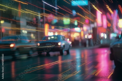 Blurred Street Film Photo. Vintage Aesthetic, Urban Night Scene, Defocused Bokeh Lights, Analog Nostalgia, Atmospheric Pedestrian Activity in Dark. Generative AI