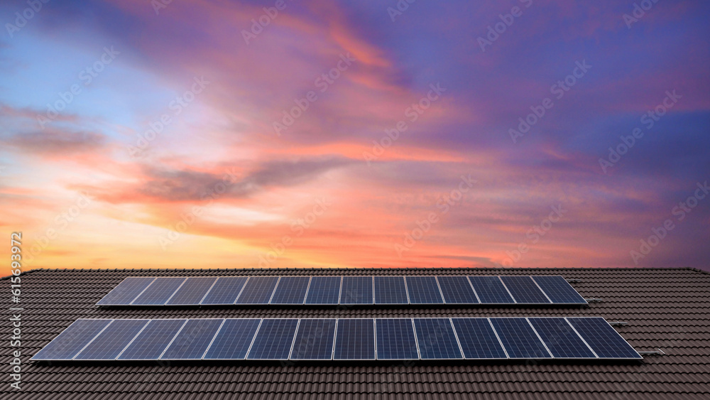 Solar power panels on the roof for green energy. Solar panels on