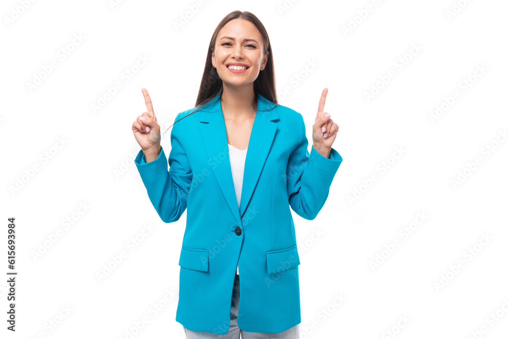 young attractive office worker woman with black straight hair in a blue business jacket looks confident young attractive office worker woman with black straight hair in a blue business jacket looks confident