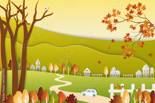 Autumn countryside landscape with colorful trees and leaves on paper cut sytle