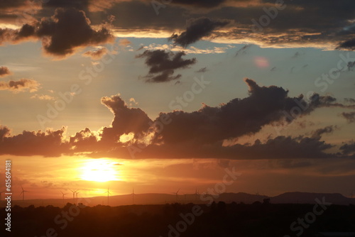 Fototapeta Naklejka Na Ścianę i Meble -  Evening sunset light in the windmill field