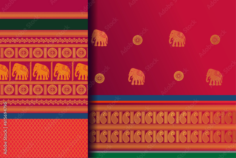 Indian Pattu Sari Vector pattern. 
Traditional handmade Indian silk sari /saree with golden details, women wear during festivals, ceremonies, and weddings.