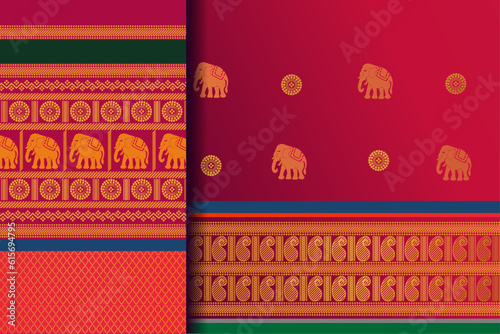 Indian Pattu Sari Vector pattern. 
Traditional handmade Indian silk sari /saree with golden details, women wear during festivals, ceremonies, and weddings.