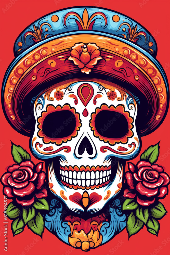 La Catrina dia de muertos Skull. Bemalter Schädel in mit Hut. Tag der Toten in Mexico. Hochkant. Hochformat. Generative Ai.