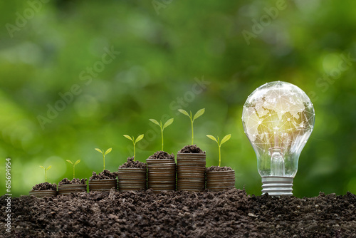 The world map with network connection is on a light bulb that located on the soil and plants grow on stacked coins. Concept of Green business, Sustainable development goals, Renewable energy.