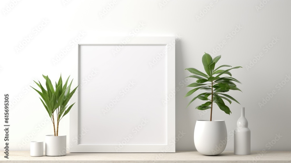 Interior white wall background with an empty frame mockup. Generative AI