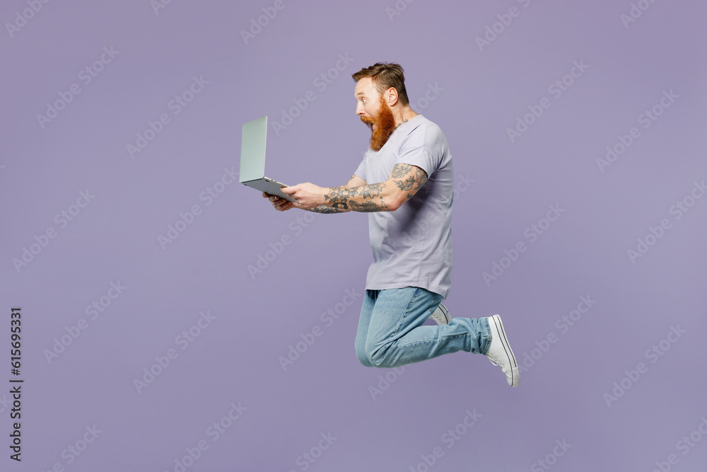 © ViDi Studio - Full body young redhead bearded IT man wear violet t-shirt casual clothes jump high hold use work on laptop pc computer isolated on plain pastel purple background studio portrait. Lifestyle concept.
