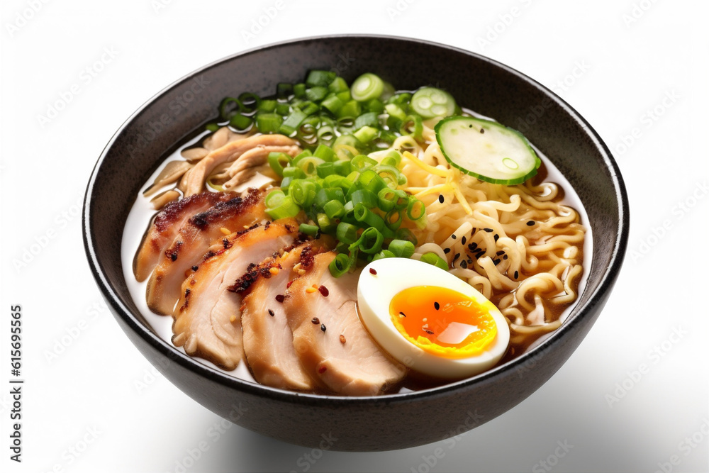 white ramen bowl noodle soup meal japanese food black background asian. Generative AI. white ramen bowl noodle soup meal japanese food black background asian. Generative AI.